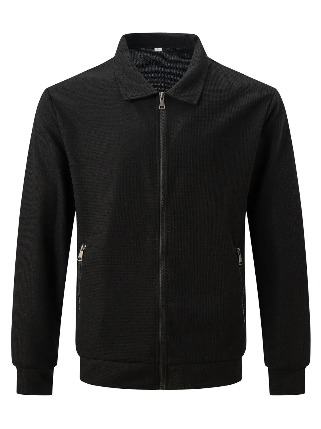 Men waffle knit zip cardigan jacket in black with a collar, two side pockets, and subtle fabric texture.