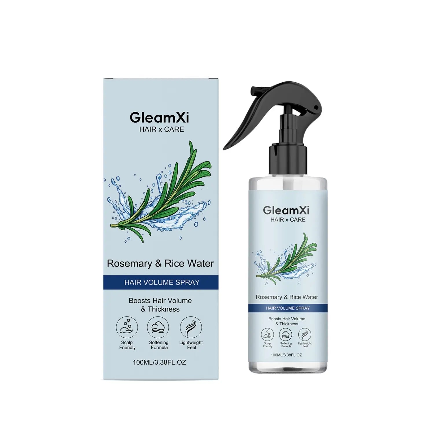 Brume pour cheveux à base d’eau de riz à la romarin, de type volume, Gleamxi, en flacon transparent de 100 ml avec un diffuseur noir, présentant un motif botanique sur un emballage bleu clair.