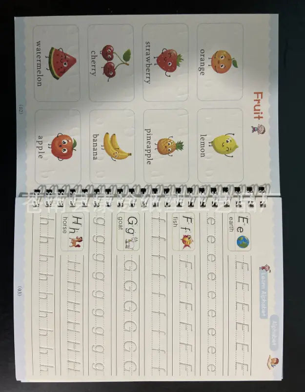 a children’s educational workbook page from the Sank Magic Practice Copybook Set for Kids Preschoolers featuring colorful cartoon fruit illustrations and uppercase letter tracing exercises