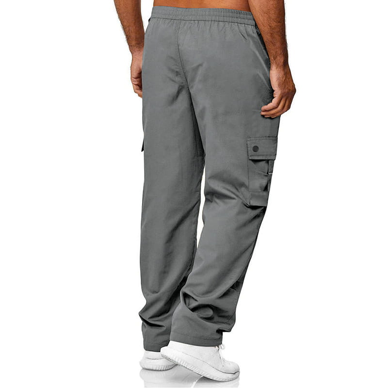 Mens straight leg cargo work pants in gray featuring an elastic waistband and multiple functional pockets.