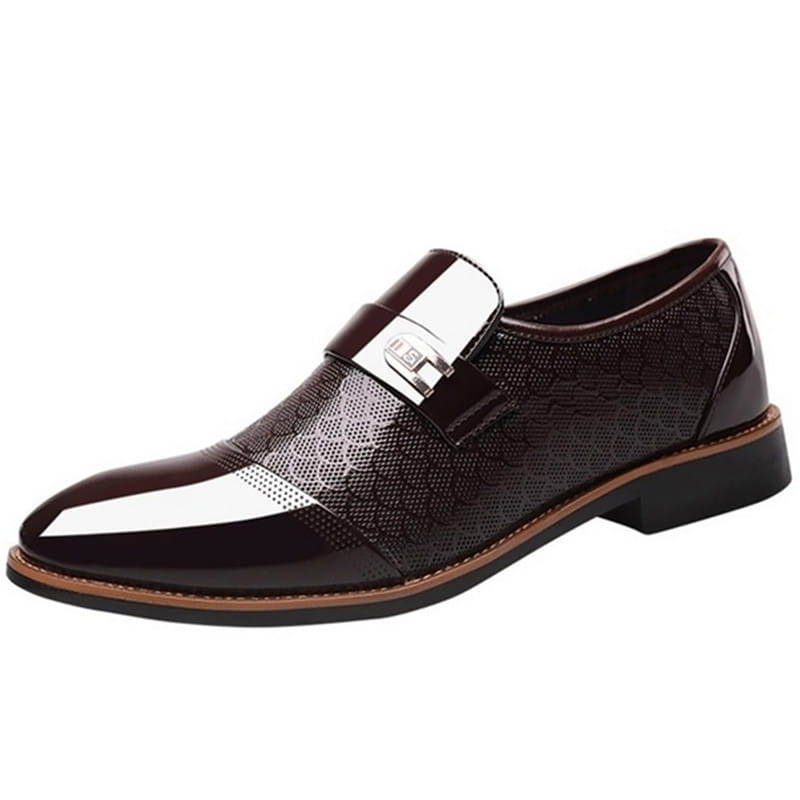 Warm high top black PU leather vulcanized shoe featuring a burgundy patent leather slip-on with white glossy toe cap and silver buckle.