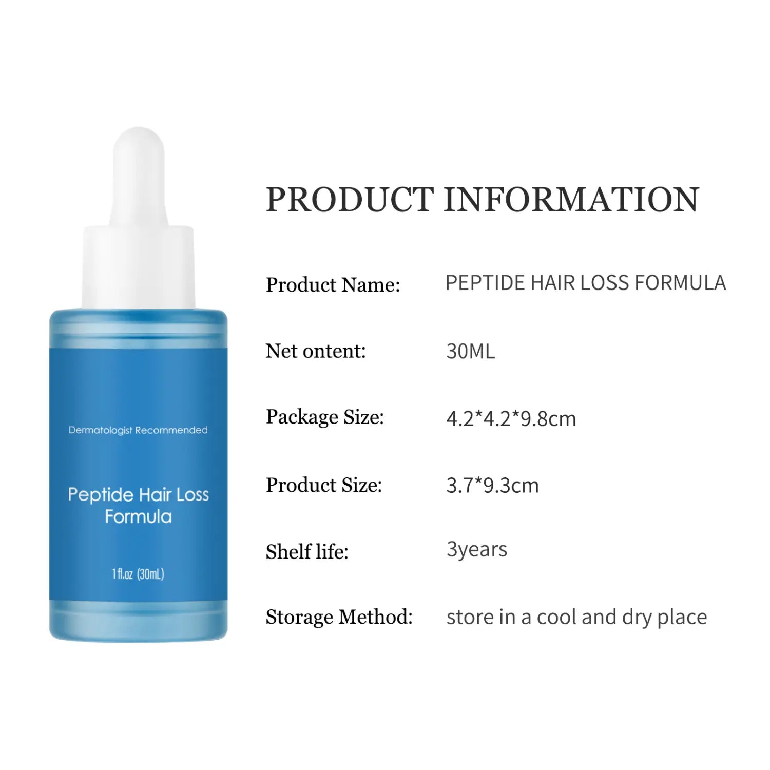 blue glass bottle with white dropper cap labeled peptide hair loss formula dermatologist recommended for blue copper peptide hair growth serum 30ml