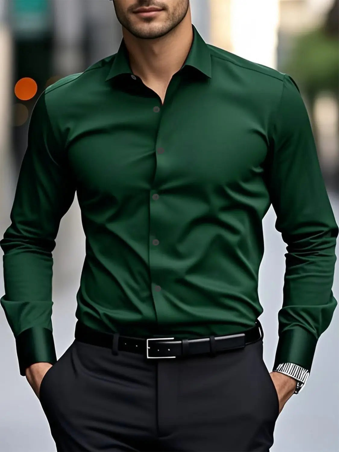 Ein elegantes dunkelgrünes Slim-Fit-Businesshemd für Herren mit langen Ärmeln, klassischem Kragen und Knopfleiste zum Durchknöpfen.