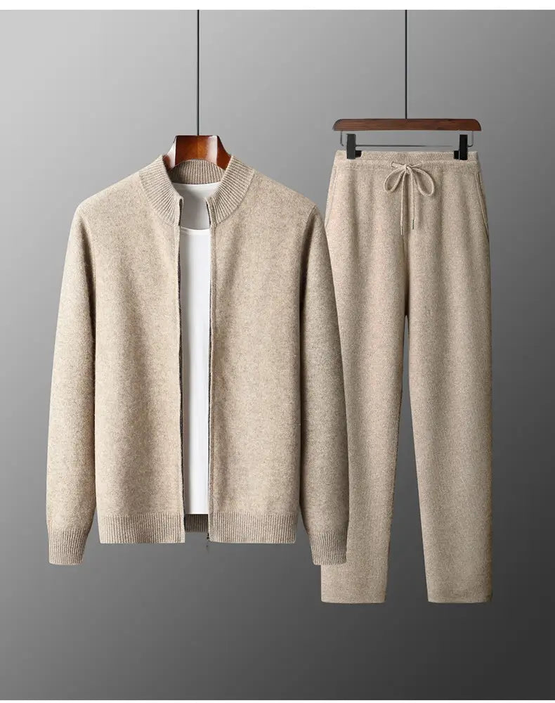 beige wool knit men cardigan sweatsuit featuring a zip-front jacket and matching drawstring pants