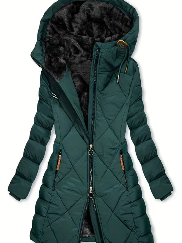 Dunkelgrüne wattierte Damen-Winterjacke mit Kapuze, gepolstertem schwarzem Fellbesatz an der Kapuze und goldfarbenen Zippern.