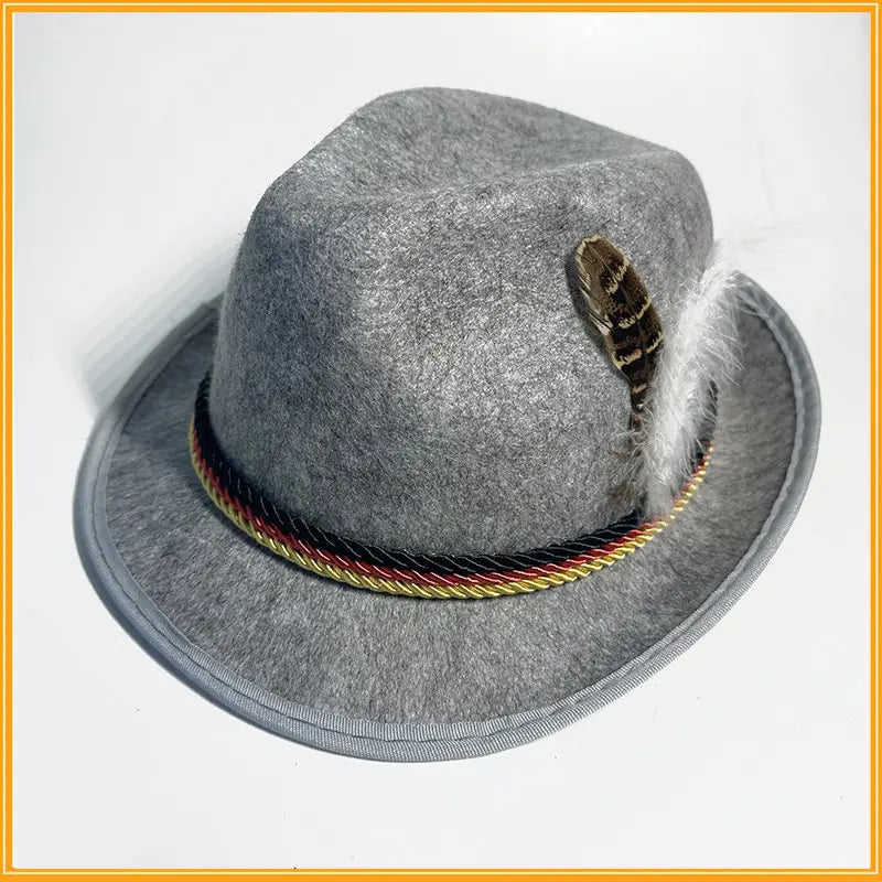 Gray felt fedora hat for men made of wool with a decorative feather and tricolor ribbon band featuring a jazz cap style.