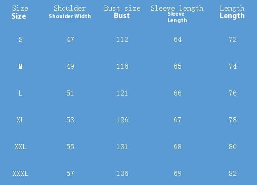 Blue size chart in inches for men vintage cargo jacket displaying shoulder width bust sleeve length and total length measurements for sizes s through xxxl.