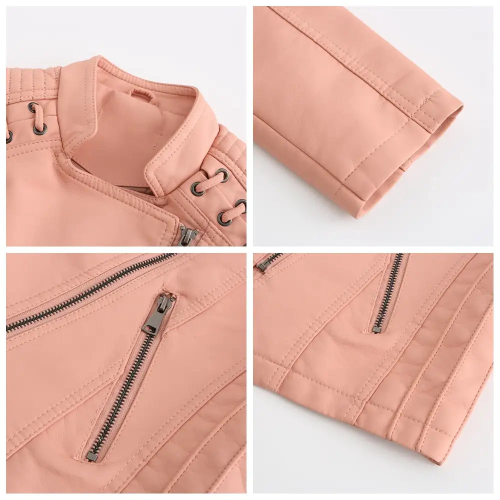 Eine weiche rosafarbene Faux-Leder-Motorradjacke im Slim-Fit-Mantel-Design mit silbernen Reißverschlüssen und Schnürkragen-Details für Damen.