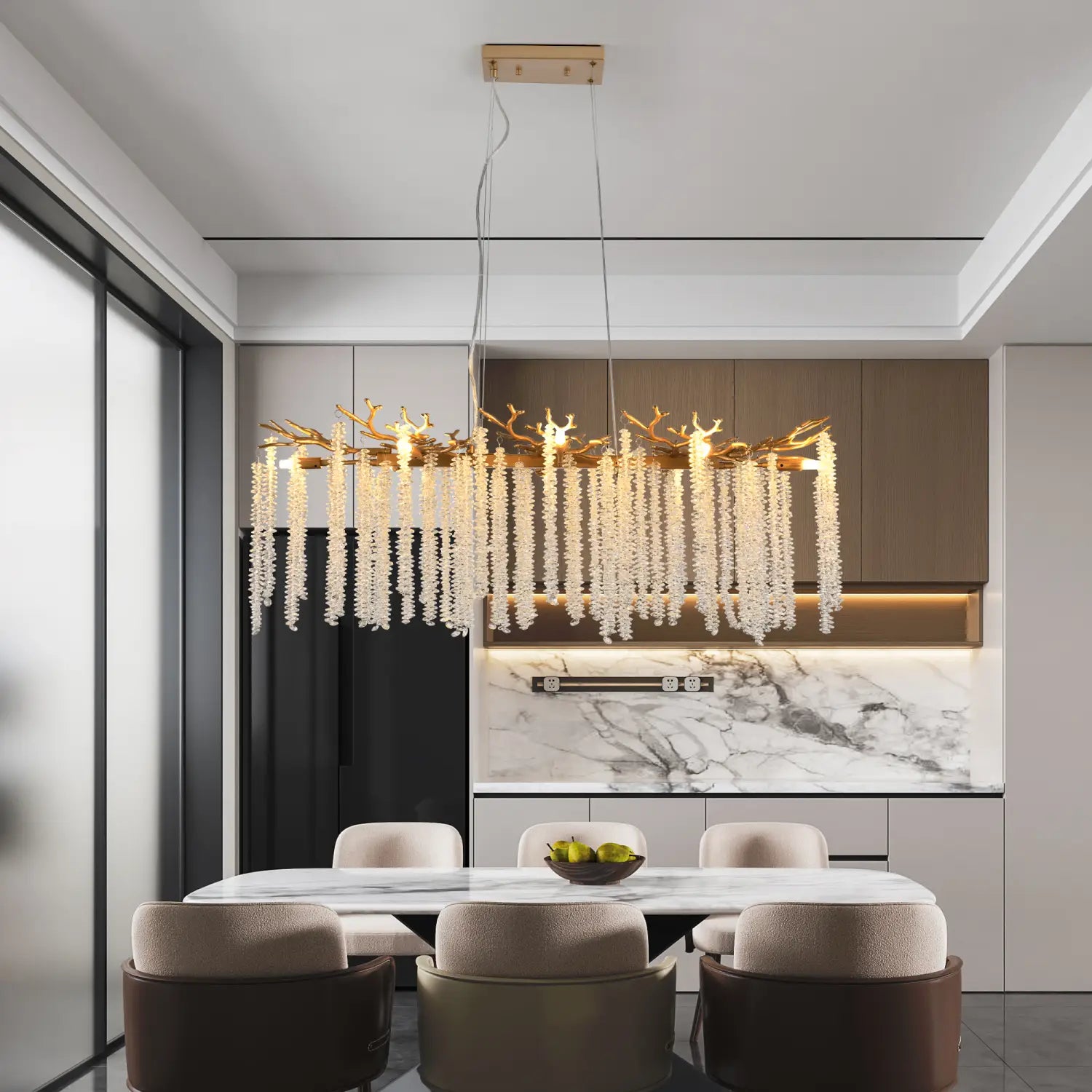 39 inch golden crystal waterfall pendant light featuring a golden antler-inspired chandelier design with cascading white crystal beads.