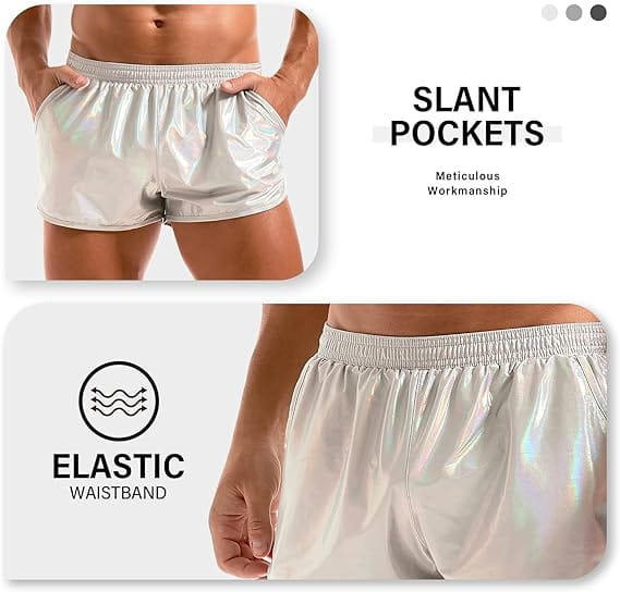 Mens shiny silver metallic casual shorts featuring slant pockets and an elastic waistband for comfortable wear.