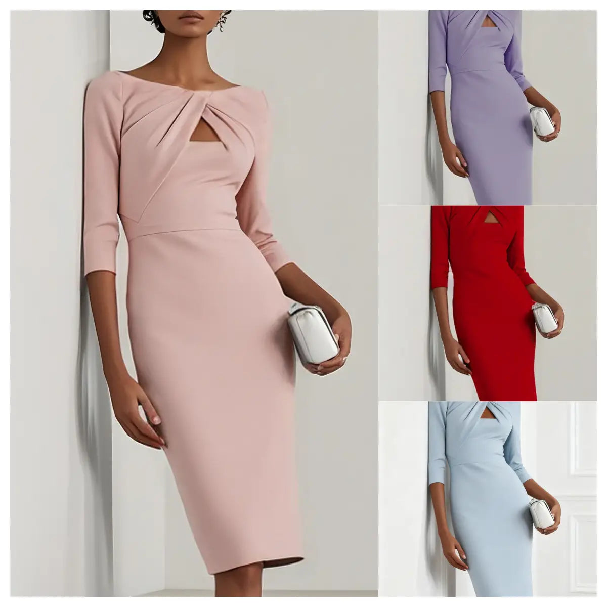 Une robe midi rose poudré élégante, à la silhouette flatteuse et ajustée, avec des manches trois-quarts élégantes, dotée d’une encolure nouée pour un effet amincissant.