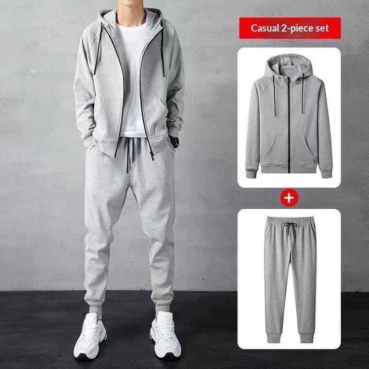 Gray casual men’s zip up hoodie and jogger sweatsuit set featuring a two-piece design with matching joggers for comfortable everyday wear.