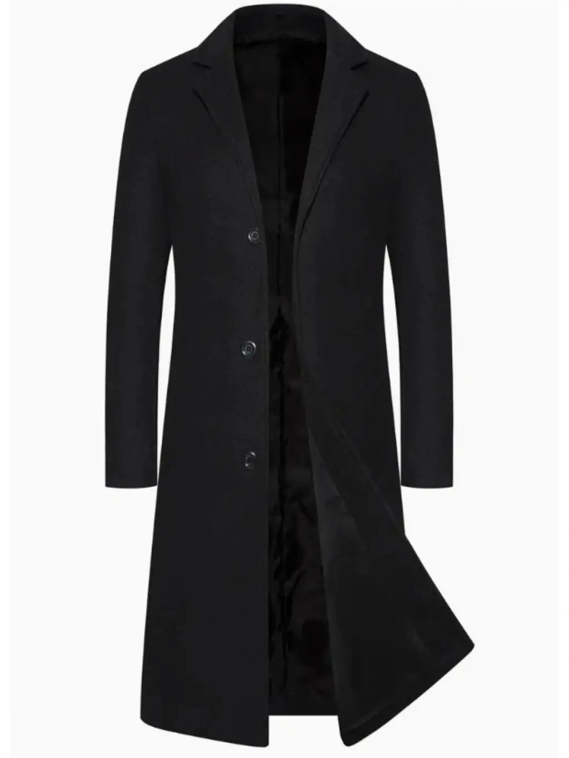 Black woolen trench coat above the knee featuring a notched collar and three silver buttons.
