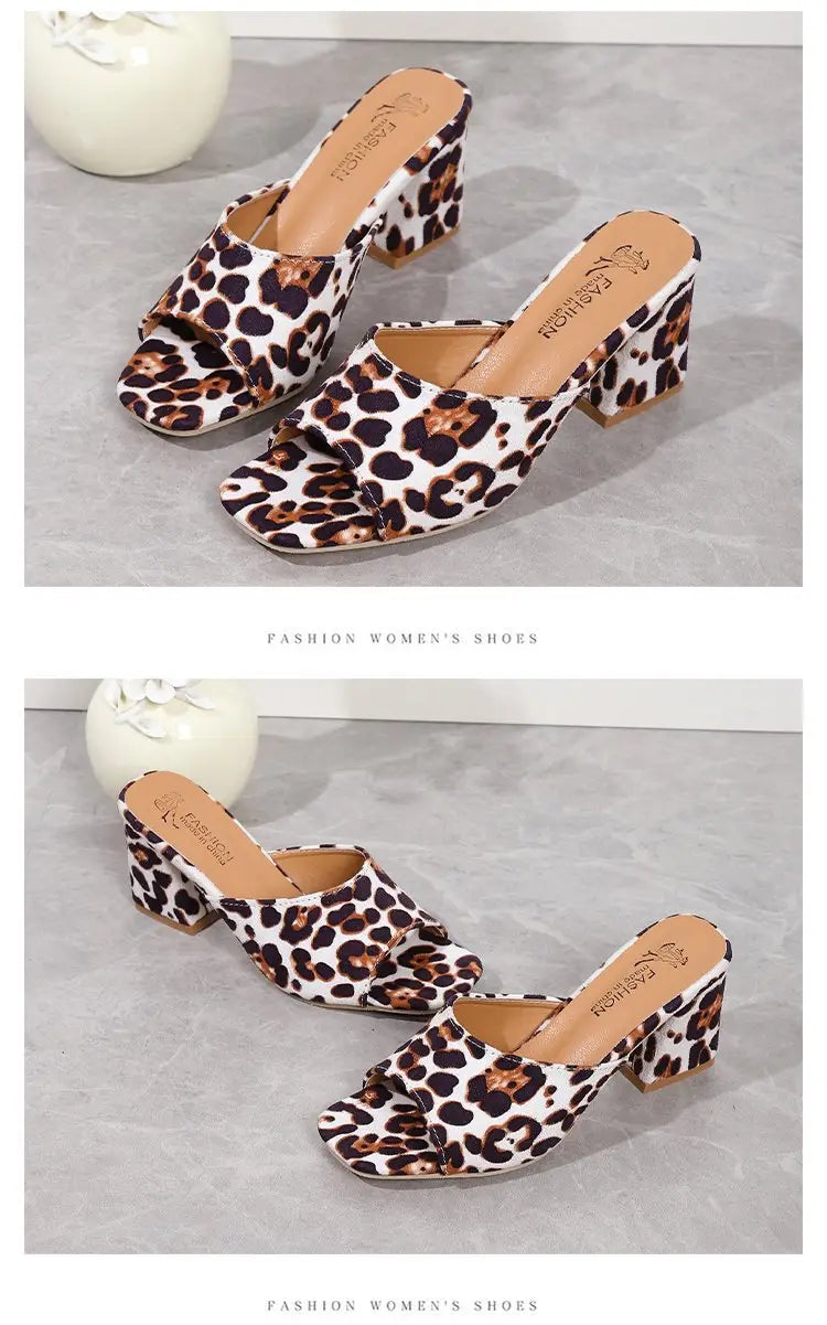 leopard square toe chunky heel mule sandals in red white and tan with leopard print and block heels