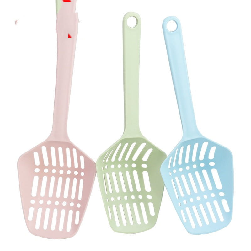 Pastellige Kunststoff-Katzentoilette-Schaufel aus Kunststoff mit fester Handhabung in Pink, Mintgrün und Hellblau, aus Silikon, mit geschlitztem Design zur einfachen Entnahme von Futter.