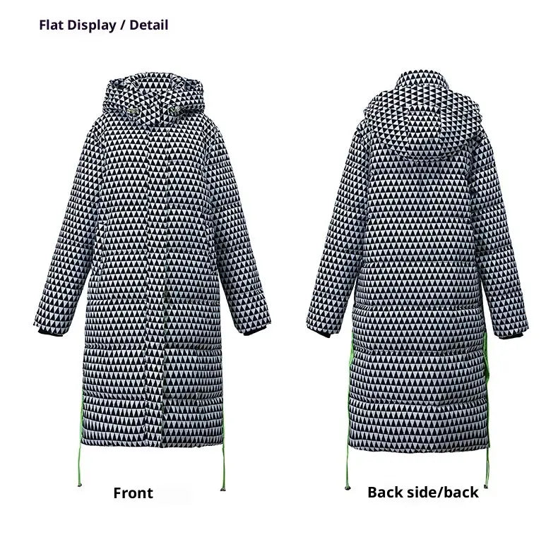 Manteau matelassé en coton noir et blanc à motifs triangulaires géométriques pour femmes avec cordons de serrage verts, présentant un motif pied-de-poule à carreaux