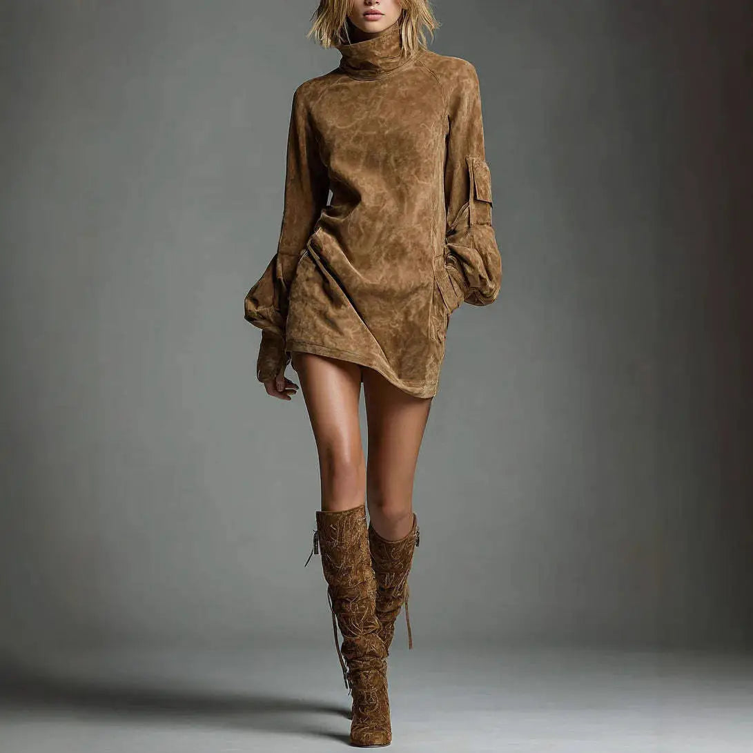 brown suede turtleneck cargo mini dress featuring a loose asymmetrical fit with flared long sleeves