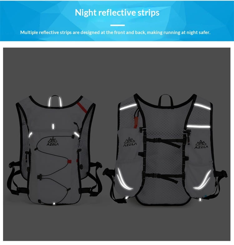 gray azela hydration backpack lightweight running vest 20l with black straps and multiple white reflective strips for nighttime visibility shown from the back side