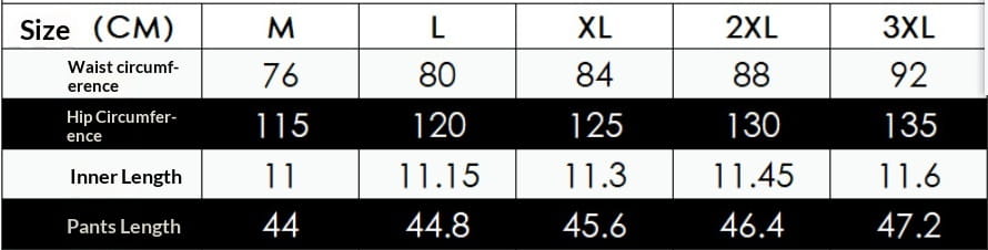 black quick dry athletic pants with size measurements in centimeters for waist circumference, hip circumference, inner length, and pant length across sizes m to 3xl