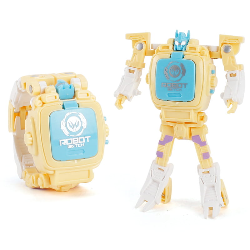 reloj infantil que se transforma en robot amarillo y azul con detalles blancos, con diseño de juguete deformable 2 en 1.