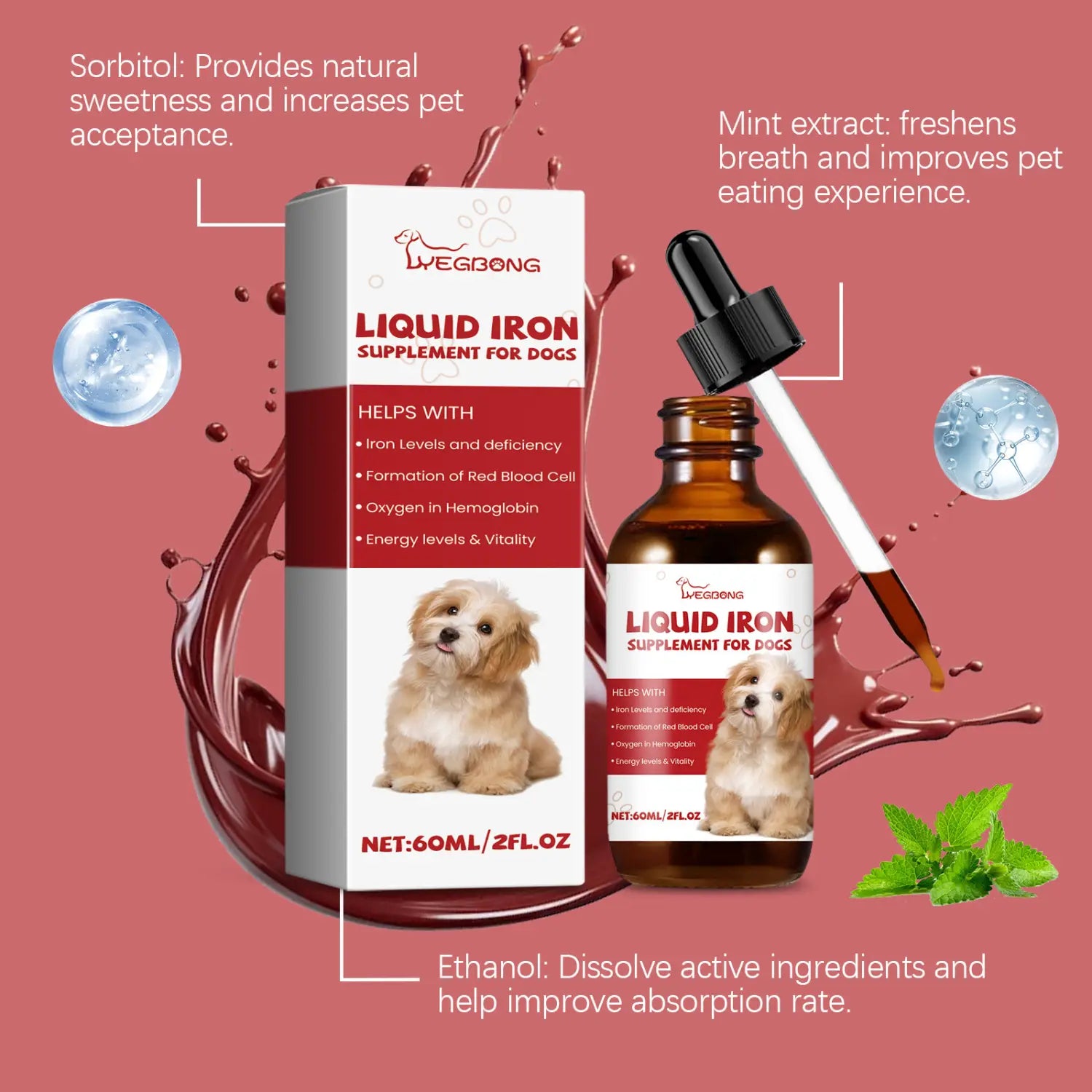 Bouteille en verre brun avec capuchon de compte-gouttes noir et étiquette blanche, présentant une image de chien portant la mention « livegbong complément de fer liquide pour chiens, extrait de menthe, 60 ml ».