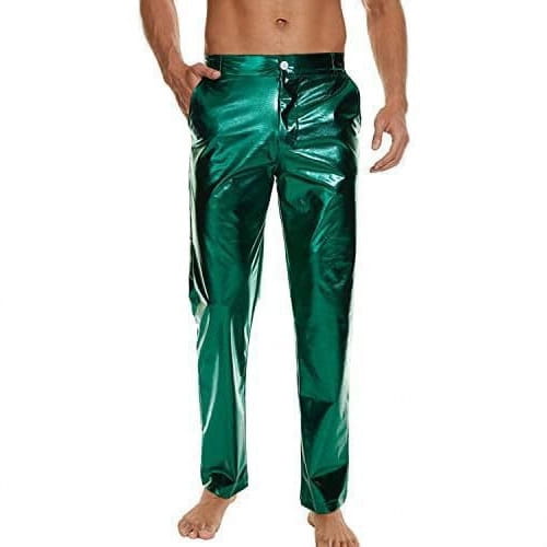Shiny emerald green metallic high waist straight leg disco pants with a sleek reflective finish.