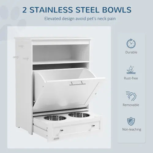 Station d’alimentation pour animaux en bois blanc avec un compartiment de rangement pour la nourriture pour chien, comprenant deux gamelles en acier inoxydable dans un tiroir extractible pour une alimentation pratique