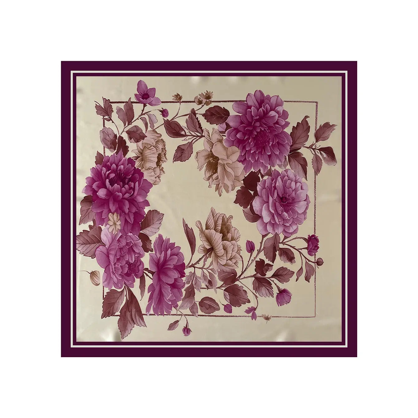 A square silk floral scarf with deep purple and mauve blossoms and brown leaves on an ivory background framed by a burgundy border.