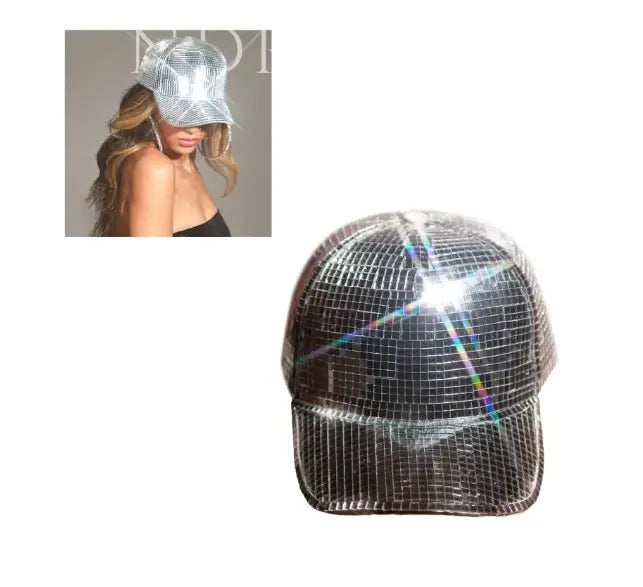 A silver disco party cap featuring a shimmering mirrored surface and a structured brim called the mirror ball peaked cap.