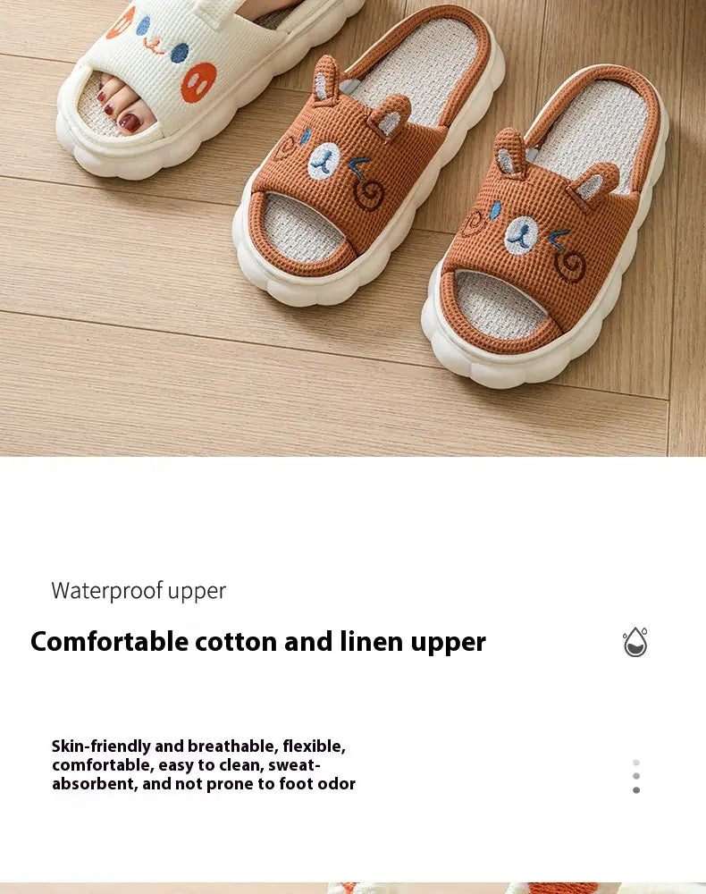 Cute brown and white cartoon animal embroidered open toe linen slippers with soft cotton and linen uppers are stylish and comfortable slide sandals.
