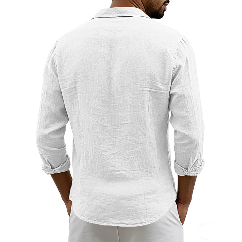 Men’s slim fit white linen blend long sleeve casual shirt with rolled up sleeves and classic collar.
