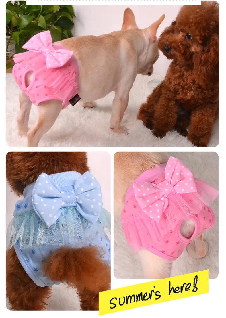pink polka-dot mesh dog physiological pants with a large bow washable pet diaper sanitary shorts