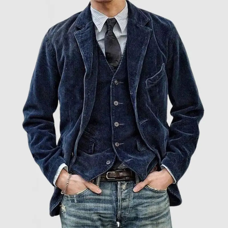 Dark blue corduroy blazer with a classic fit and buttoned front from the corduroy suit men minimalist retro casual blazer collection.