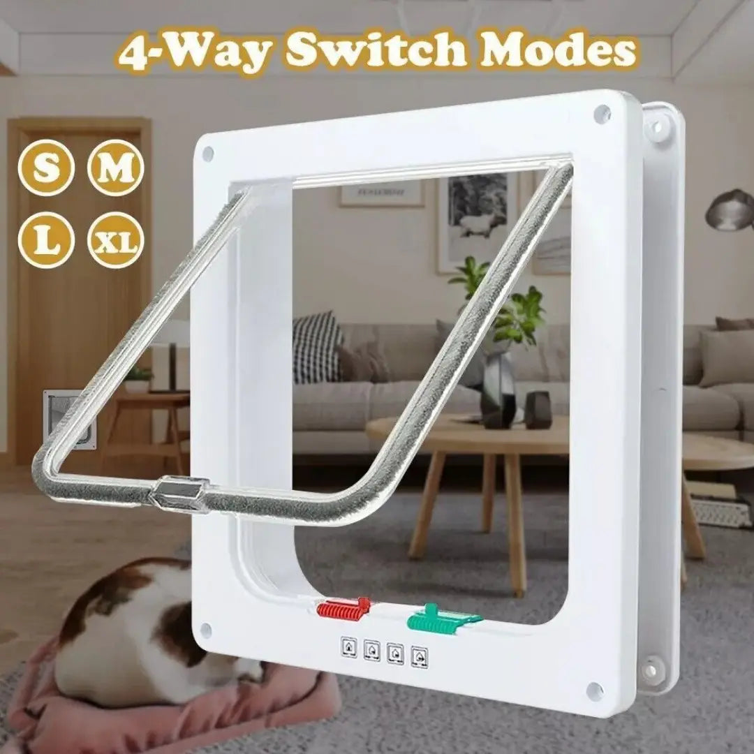 White xl pet door with silver metal magnetic flap and four way locking switch modes for dogs and cats.