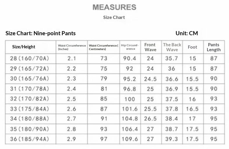 Maßtabelle in Zentimetern für Herren-Modern-Slim-Fit-Geradeschneider-Cotton-Hosen mit Angabe der Maße nach Körpergröße und Größe für Neunpunkt-Hosen.