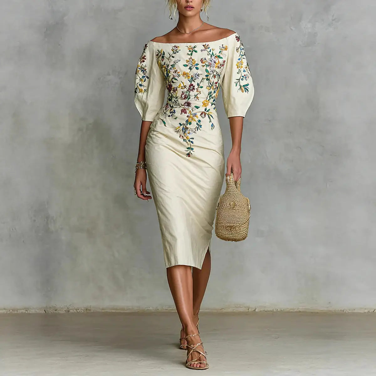 Off-the-shoulder cream dress with floral embroidery and three-quarter puff sleeves in lightweight fabric.