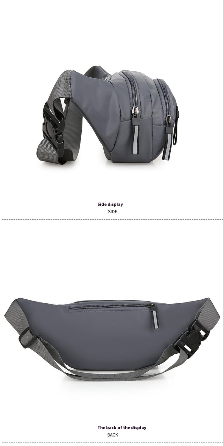 Gray waterproof nylon waist pack for men featuring multiple zippers and adjustable straps for multifunctional crossbody and waist use.