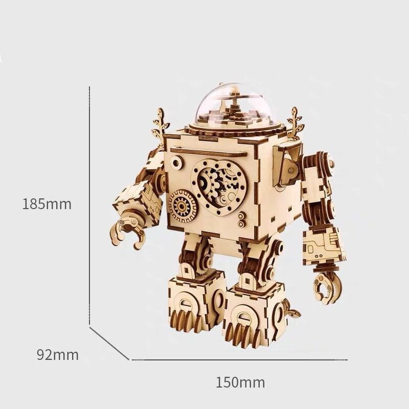 Un kit de construction de modèle mécanique 3D d’assemblage DIY en bois, comprenant un robot en bois de couleur claire, finement conçu, avec une tête en dôme transparent et des motifs circulaires à l’aspect d’engrenages sur son buste, ainsi que des membres articulés.