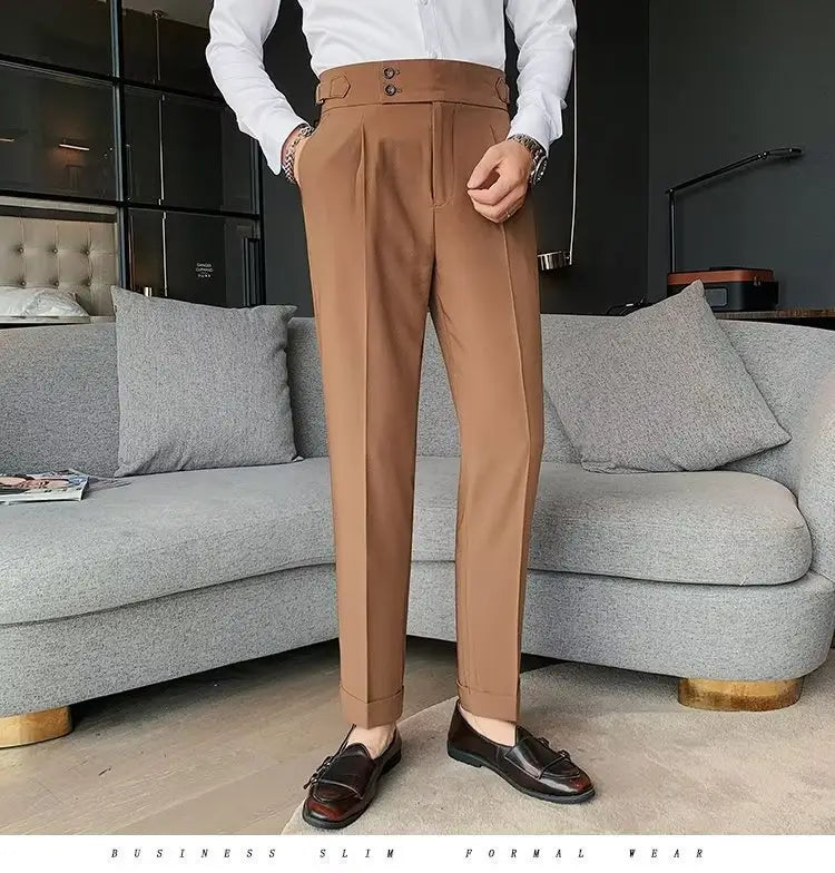 brown slim-fit formal trousers with a high waist and pleats designed in korean style for men