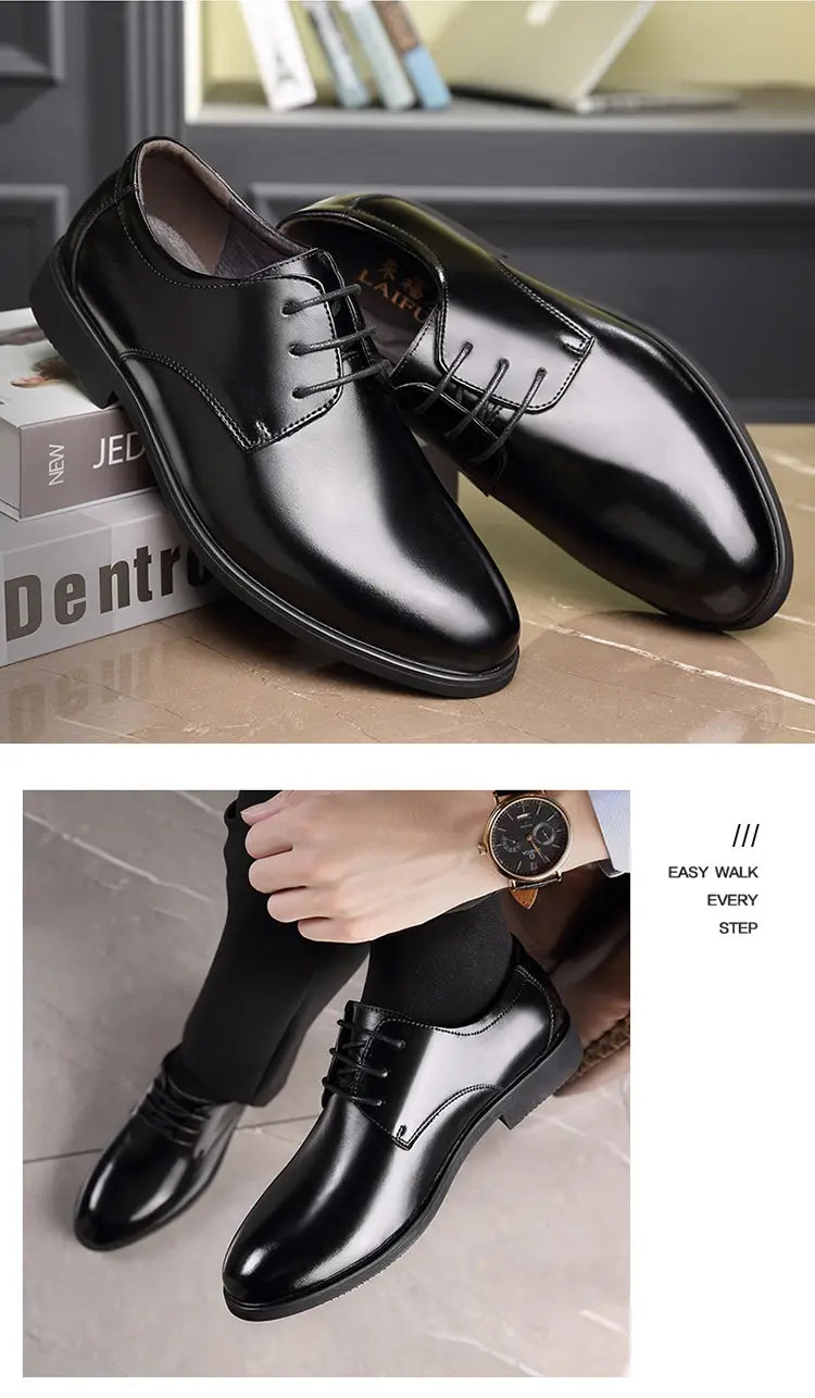 Men’s genuine leather low top business shoes in black patent leather with lace-up oxford design and polished finish