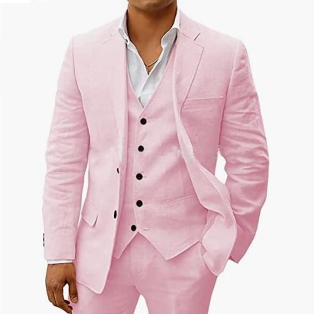Un homme portant un costume trois pièces en lin rose coupe slim, avec des boutons noirs, adapté aux événements de type marié, banquet, pour un style décontracté.