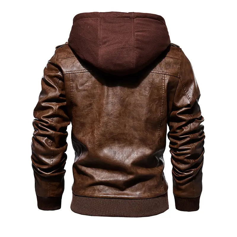 Men’s brown pu leather hooded jacket with textured slightly distressed finish and ribbed cuffs.