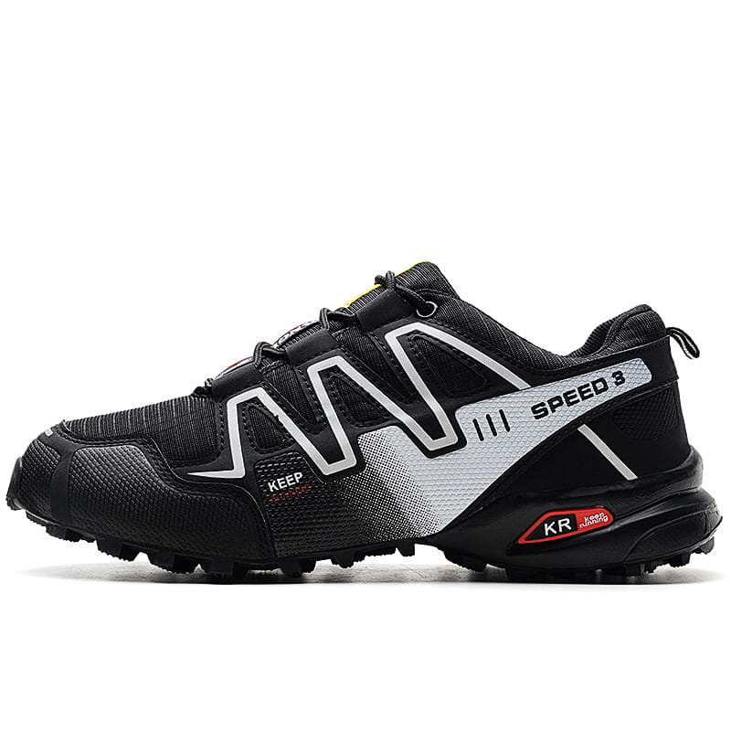 Men’s trail running shoes breathable mesh sneakers in black and silver with a textured mesh upper, bold white logo accents, and red branding on the heel visible from the back.