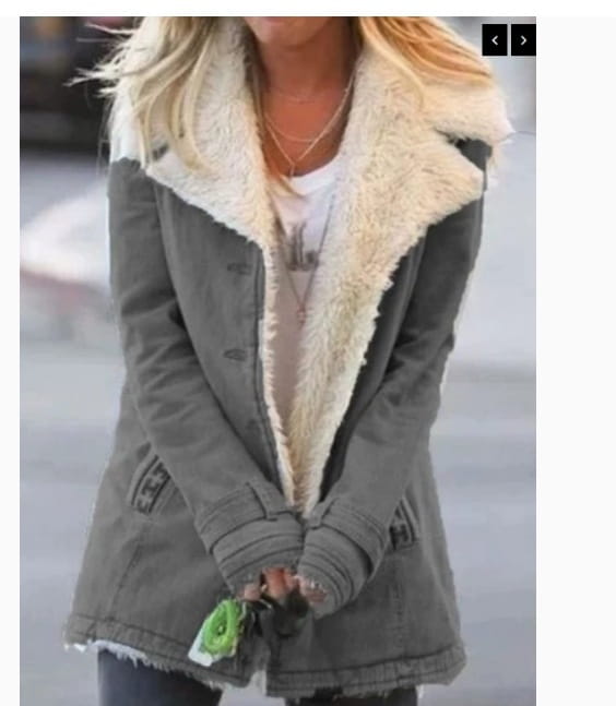 Gray denim jacket with a plush cream-colored shearling collar and frayed hem designed as a plush lapel cotton coat for women.