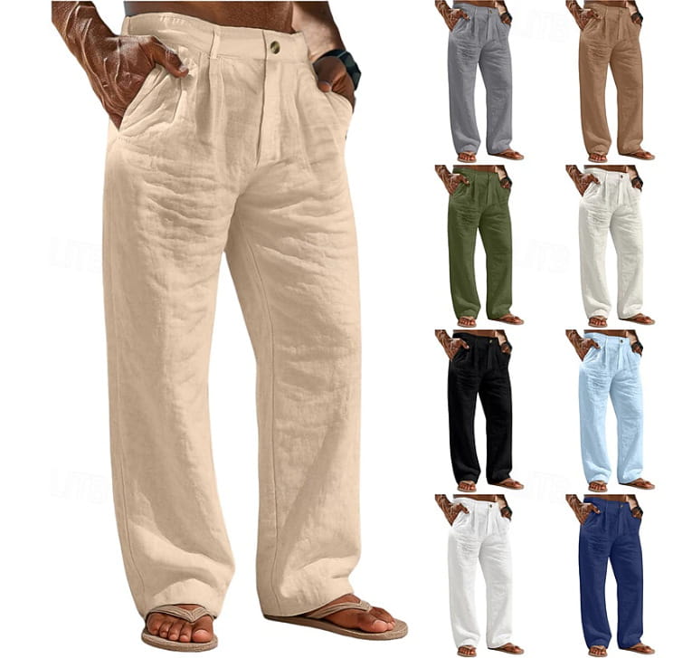 Pantalones de lino color beige con corte recto de ajuste relajado y parte delantera plisada, elaborados en algodón y lino para hombre.