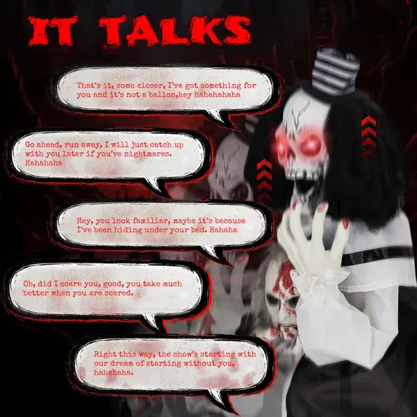 A spooky white-faced animated clown decoration with glowing red eyes black hair wearing a striped hat and sound activated for Halloween use measuring 1.8 feet tall.