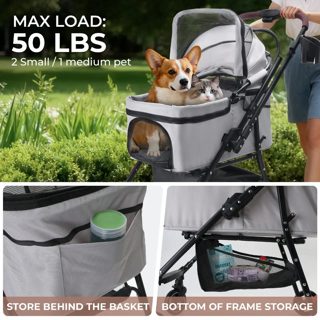 Foldable pet stroller for small dogs and cats in gray with black accents and mesh sides designed to carry two small pets or one medium-sized pet.