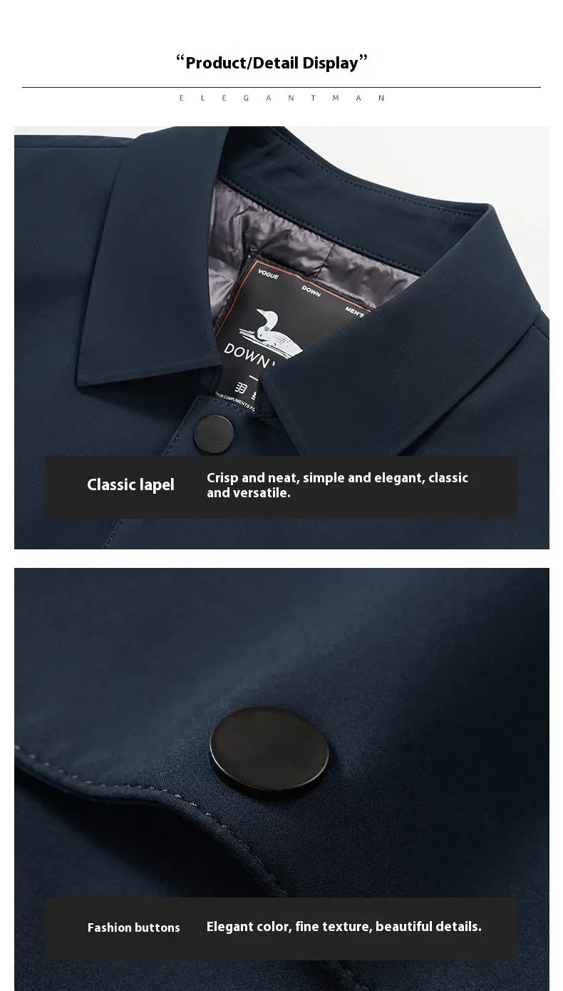 Herren-Winter-Daunenmantel in Navy-Blau, Steppjacke, mit dunkelblauem klassischem Hemdkragen, eleganten schwarzen Knöpfen und dezent sichtbarer, strukturierter Stoffoberfläche vorne.