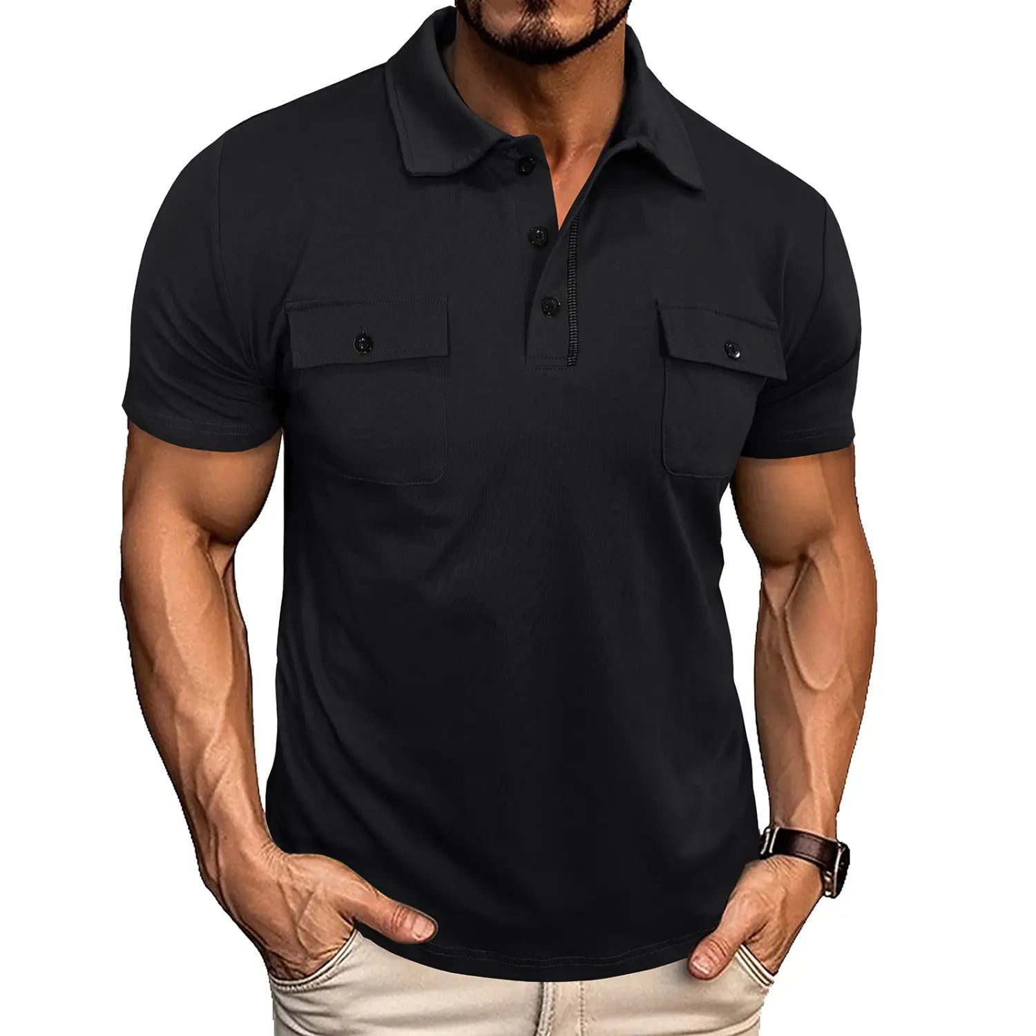 Black short-sleeved cotton blend polo shirt for men featuring two chest pockets and a buttoned collar.