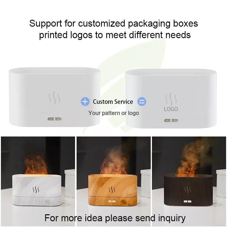 White rectangular flame humidifier RGB essential oil aroma diffuser 180ml with minimalist design and subtle steam icon on the front.